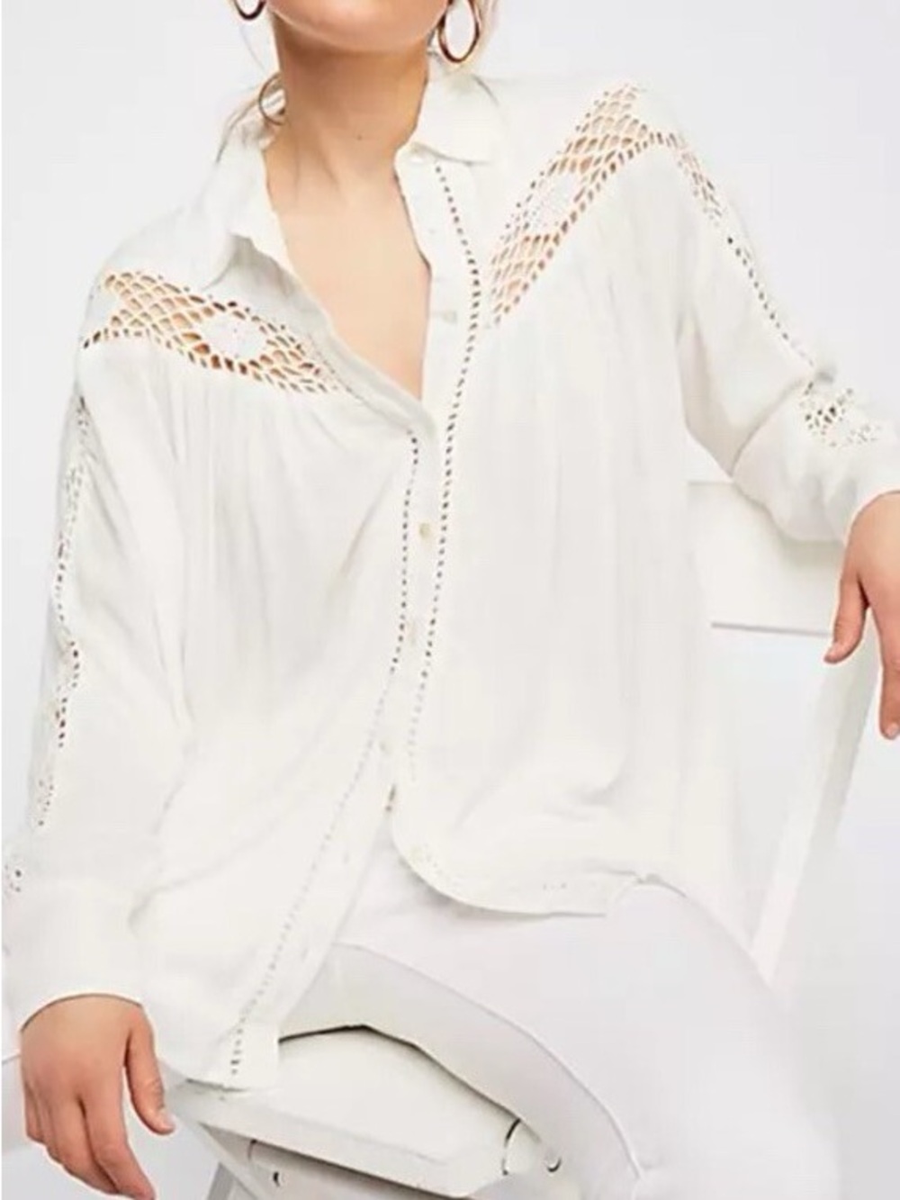 Free People Katie Bird White Button Down Shirt with Lace Accents - Picture 3 of 8